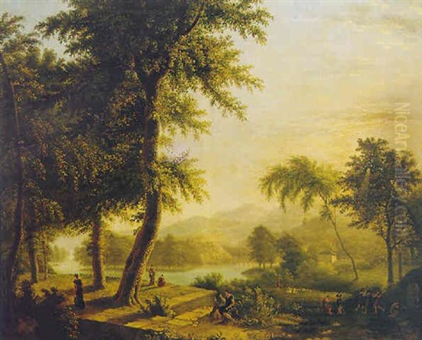 Italianate Landscape With Classical Figures By A Lake And A Villa Beyond Oil Painting by Jean Victor Bertin