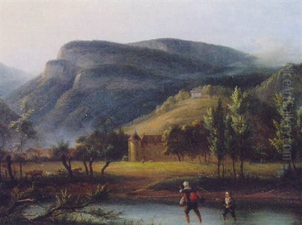 A Landscape With A Family Crossing A River, A Chateau Beyond Oil Painting by Jean Victor Bertin