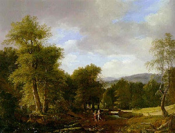 A Wooded River Landscape With Figures Fording A River Oil Painting by Jean Victor Bertin