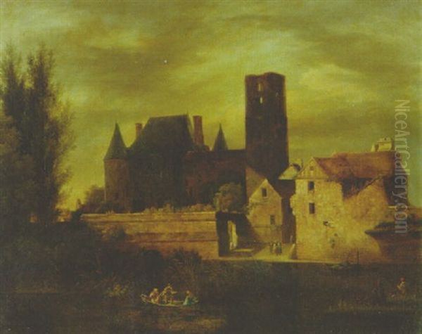 A Castle By A River Oil Painting by Jean Victor Bertin