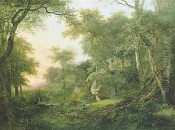 Paysage De La Campagne Romaine Avec Des Pecheurs D'une Riviere Oil Painting by Jean Victor Bertin