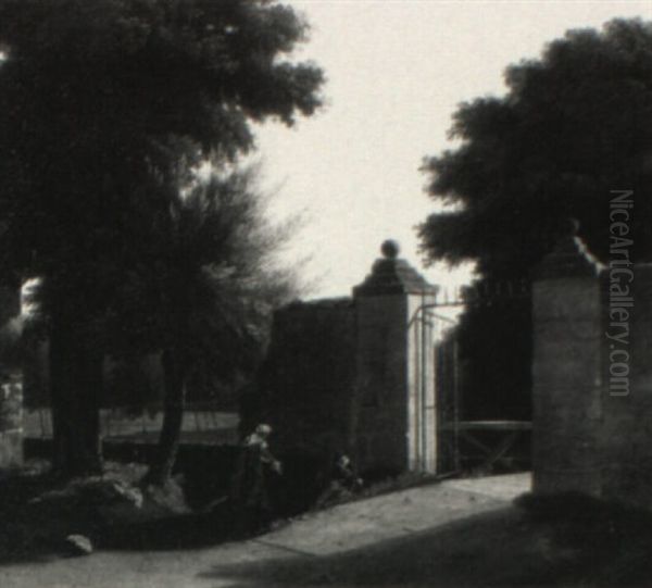 Figures By The Gate Of An Estate Oil Painting by Jean Victor Bertin