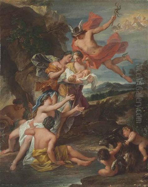 Mercury Entrusting The Infant Bacchus To The Nymphs Of Nysa Oil Painting by Nicolas Bertin