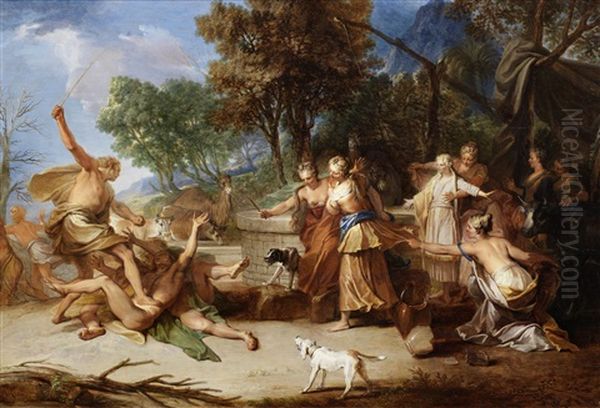 Moses Defending The Daughters Of Jethro Oil Painting by Nicolas Bertin