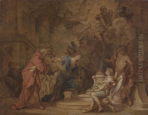 A Lady Sacrificing To Jupiter, Flanked By Minerva And Mercury, Pointing To The Book Of Time, Fame Overhead Oil Painting by Nicolas Bertin