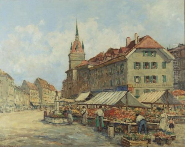 A Swiss Market Oil Painting by Dennis Ainsley