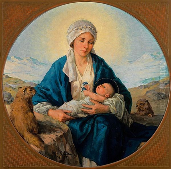 Mit Edelweis Bekranzte Madonna, Das Kind Mit Enzianbluten In Den Handen, Neben Murmeltieren Vor Bergkulisse Oil Painting by Hans Bertle