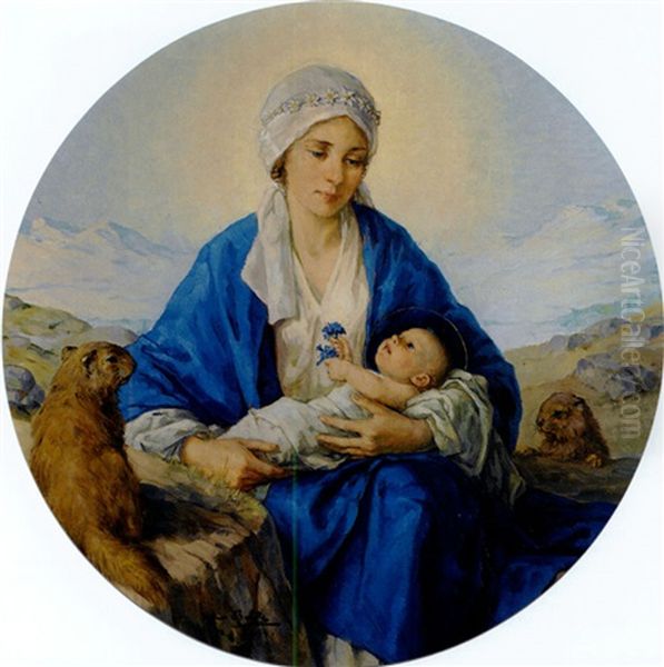 Mit Edelweis Bekranzte Madonna, Das Kind Mit Enzianbluten In Den Handen, Neben Murmeltieren Vor Bergkulisse Oil Painting by Hans Bertle