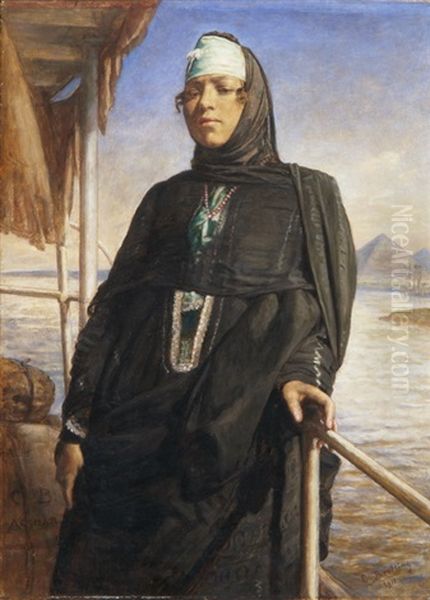 Beduinenfrau Auf Einem Nilboot Mit Ausblick Auf Eine Pyramide Oil Painting by Carl Bertling