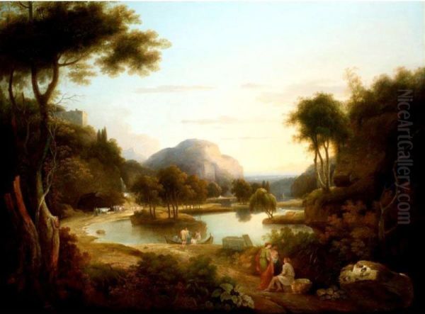 Classical Figures In An Extensive Italianate Landscape, Possibly Lake Arno Oil Painting by Samuel James Ainsley