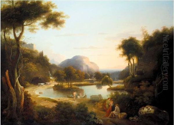 Classical Figures In An Extensive Italianate Landscape, Possibly Lake Arno Oil Painting by Samuel James Ainsley