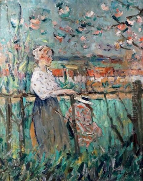 Jeune Fille En Bord De Riviere Sous Les Pommiers En Fleurs Oil Painting by Abel Bertram