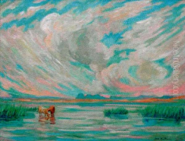 Paysage A L'etang Et Aux Deux Vaches Oil Painting by Abel Bertram