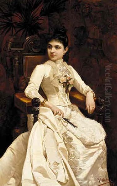 Portrait Of A Young Lady, Seated In A Chair In A White Silk Dress With A Rose Corsage Oil Painting by Pablo Maria Bertran Y Tintore