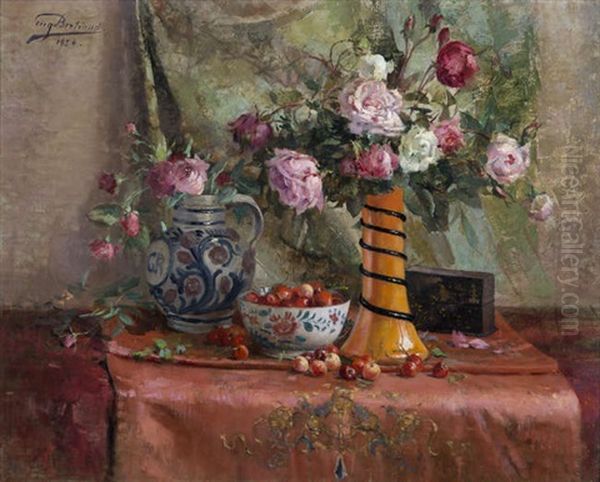 Still Life With Roses In An Orange Vase Oil Painting by Eugene Bertrand