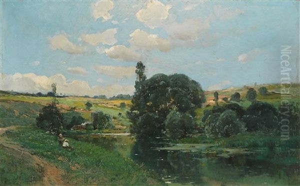 A Summer Day In A Landscape Oil Painting by Paulin Andre Bertrand