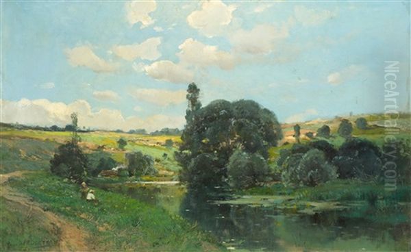 A River Landscape With Two Figures Oil Painting by Paulin Andre Bertrand