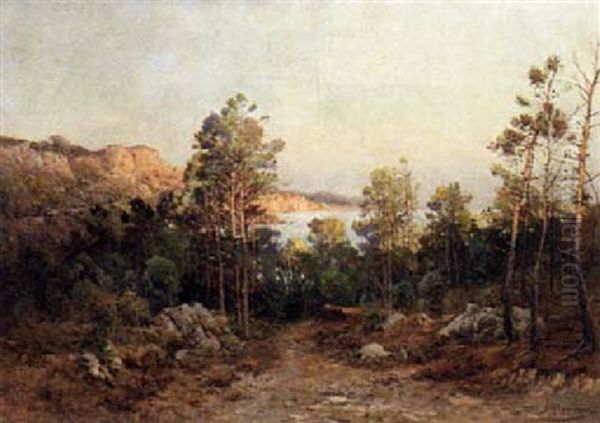 A Mediterranean Coastal Landscape Oil Painting by Paulin Andre Bertrand