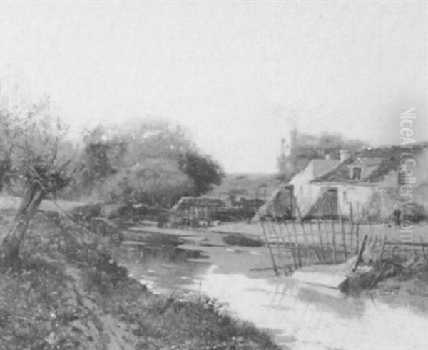 Farmhouses By A River Oil Painting by Paulin Andre Bertrand