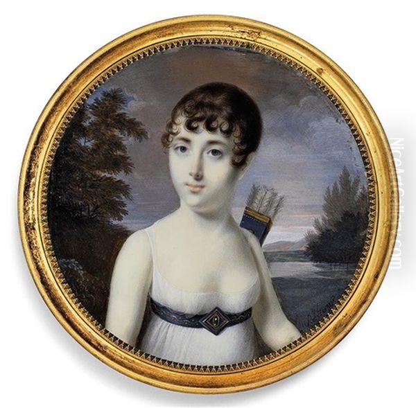 A Young Lady As Diana The Huntress In A Landscape, In Decollete White Dress With Blue Belt With Diamond-shaped Buckle Oil Painting by Vincent Bertrand