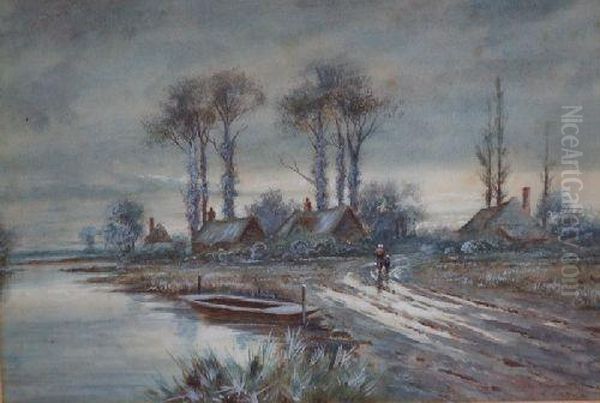 Winter Landscape Withcottages, Figures And A Punt In Foreground Oil Painting by Edith Aird