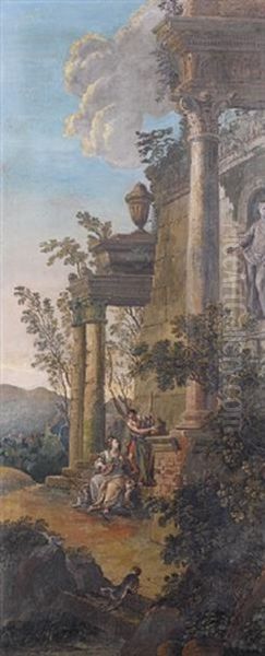 A Capriccio Of Lovers Beside Roman Ruins In A Landscape (+ A Capriccio Of Classical Figures Beside Roman Ruins In A Landscape; Pair) Oil Painting by NIcola Bertuzzi