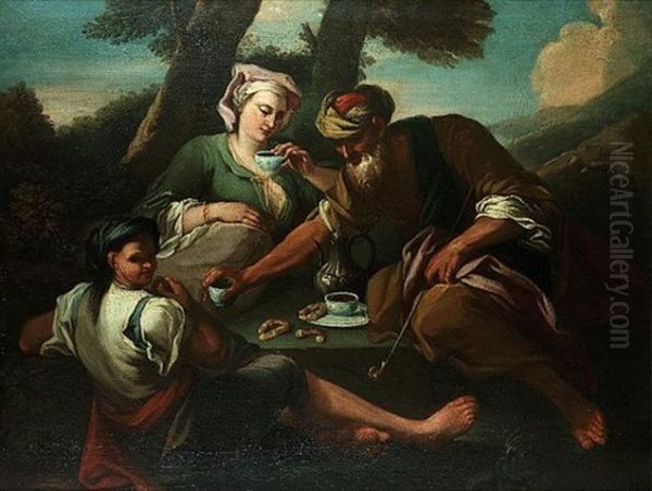 A Turk And His Family Taking Coffee In A Landscape Oil Painting by NIcola Bertuzzi