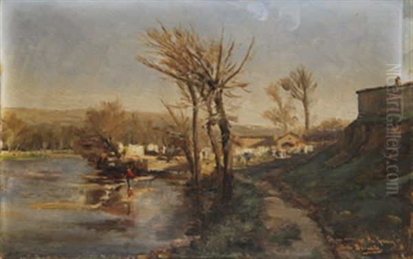 Paisaje Con Rio Y Ropa Tendida Oil Painting by Aureliano De Beruete