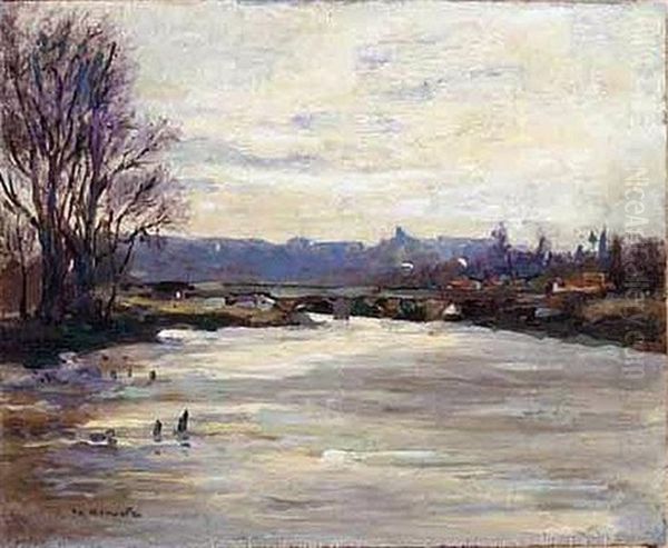 Rio Manzanares, Madrid (view Of The Manzanares River, Madrid) Oil Painting by Aureliano De Beruete