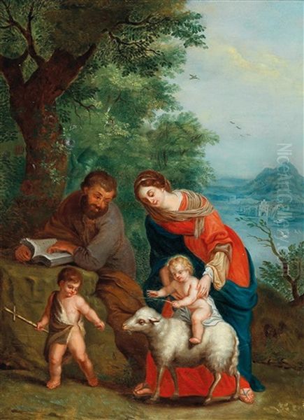 The Holy Family With The Infant Saint John The Baptist In A Wooded Landscape Oil Painting by Balthasar Beschey