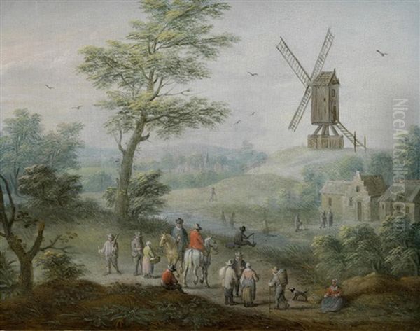 Travellers In A Landscape, A Windmill Beyond Oil Painting by Balthasar Beschey