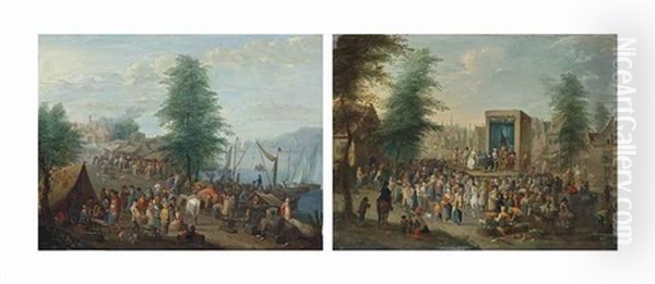 Le Marche Aux Poissons; Et La Commedia Dell'arte (2 Works) Oil Painting by Balthasar Beschey