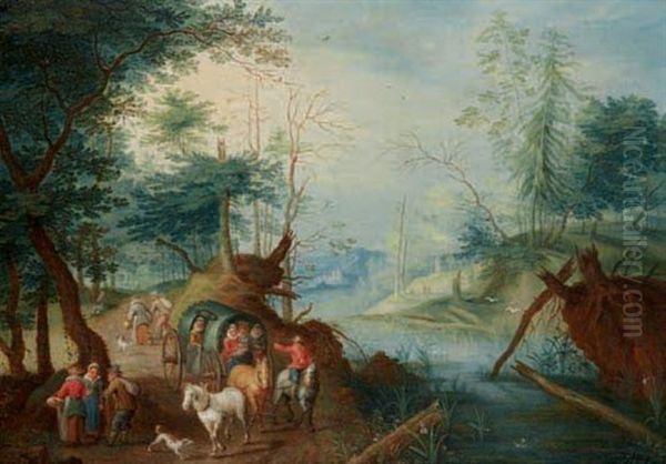 Charriot Et Promeneurs Le Long D'une Riviere Oil Painting by Balthasar Beschey