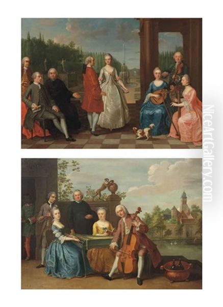 A Portrait Of Jacques-jean Cremers (1736-after 1803) And His Wife... And An Elegant Company... (pair) Oil Painting by Balthasar Beschey