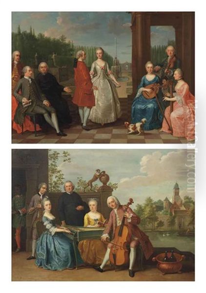 A Portrait Of Jacques-jean Cremers And His Wife Dancing On A Garden Terrace Surrounded By Other Members Of The Family... (+ An Elegant Company...; Pair) Oil Painting by Balthasar Beschey