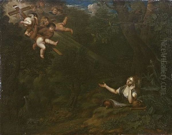 Die Busende Maria Magdalena In Der Einode. Der Heiligen, Die Sich In Den Tiefen Des Waldes Unter Einem Eichenbaum Niedergelassen Hat, Erscheint Oil Painting by Balthasar Beschey