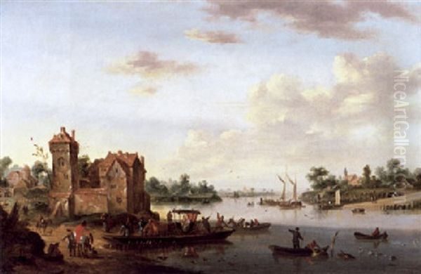 Weite Fluslandschaft Mit Reisenden Auf Einem Fahrboot Oil Painting by Balthasar Beschey