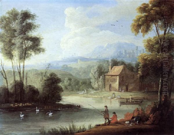 Sudliche Landschaft Mit Zwei Anglern Am Flus Oil Painting by Balthasar Beschey