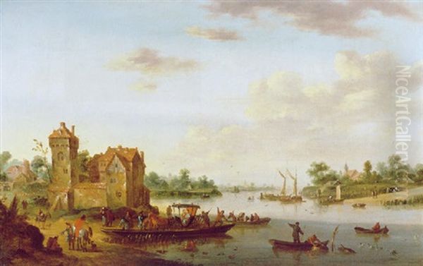 Weite Fluslandschaft Mit Reisenden Auf Einem Fahrboot Oil Painting by Balthasar Beschey