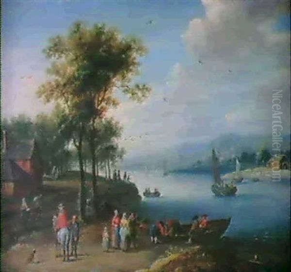 Bewaldete Flusslandschaft Mit Reisenden Und Booten Oil Painting by Balthasar Beschey