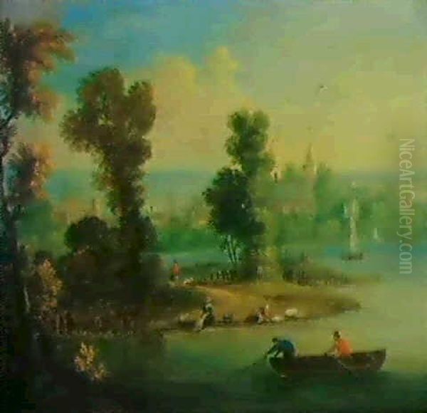 Flusslandschaft Mit Wascherinnen Und Booten. Oil Painting by Balthasar Beschey