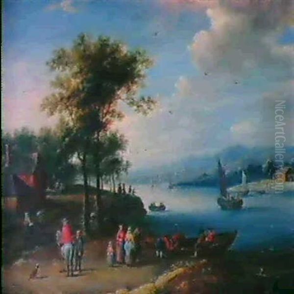 Bewaldete Flusslandschaft Mit Reisenden Und Booten. Oil Painting by Balthasar Beschey