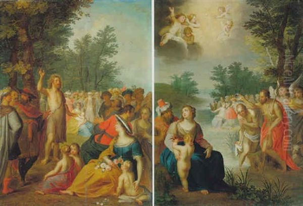 Saint John The Baptist Preaching In The Wilderness & The Baptism Of Christ Oil Painting by Balthasar Beschey