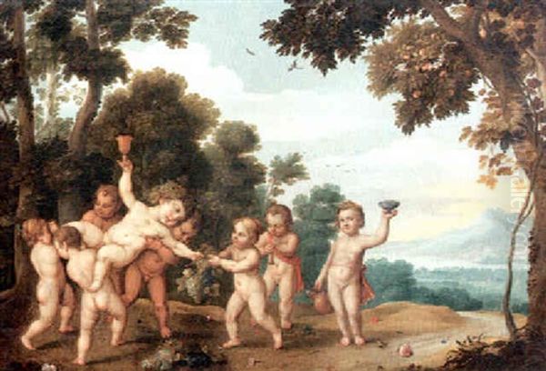 Bacchanal Von Putten In Einer Fluslandschaft Oil Painting by Balthasar Beschey