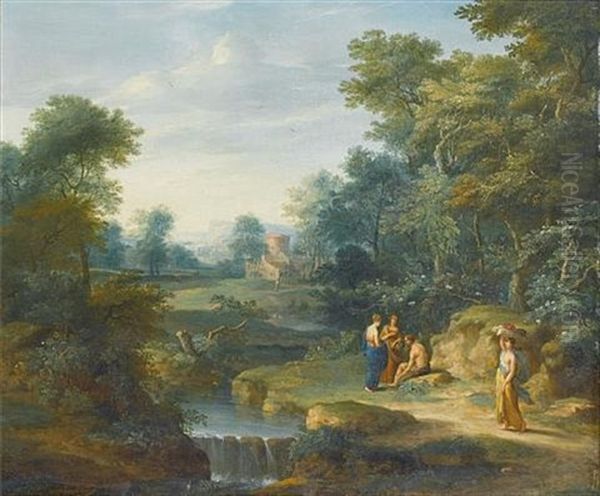 An Arcadian Landscape With Figures Resting Beside A Waterfall Oil Painting by Jacob Andries Beschey