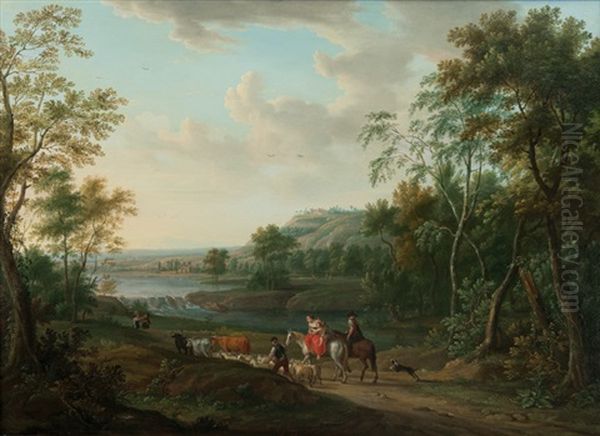 Southern Landscape With Travelling Herdsmen Oil Painting by Jan Frans Beschey