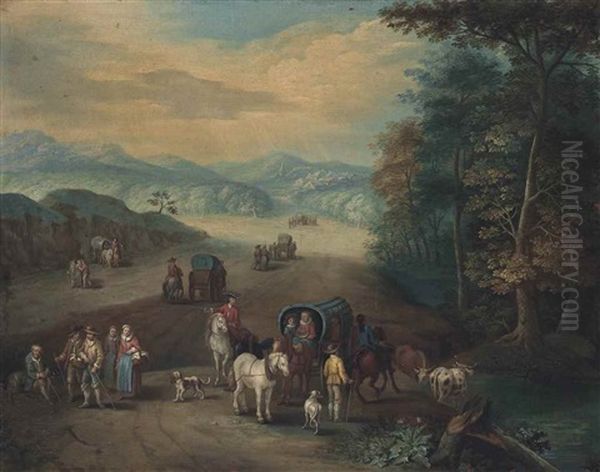 An Extensive Wooded Landscape With Travellers, Drovers And Caravans On A Path Oil Painting by Karel Beschey