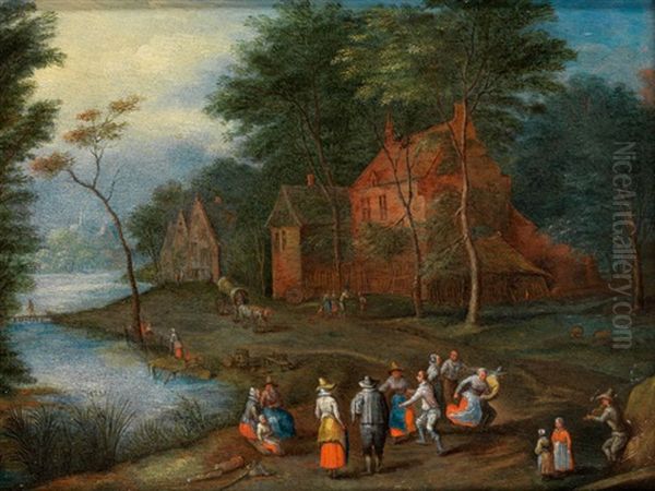 Bauerntanz In Landschaft Mit Gehoften Unter Baumen Oil Painting by Karel Beschey