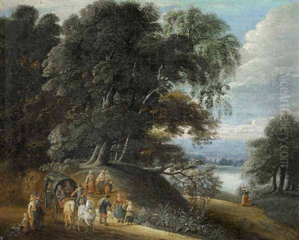 Travellers On A Country Path, A River Landscape Beyond Oil Painting by Karel Beschey