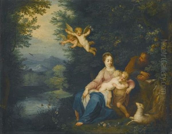 A River Landscape With The Holy Family And The Infant Saint John The Baptist Oil Painting by Karel Beschey